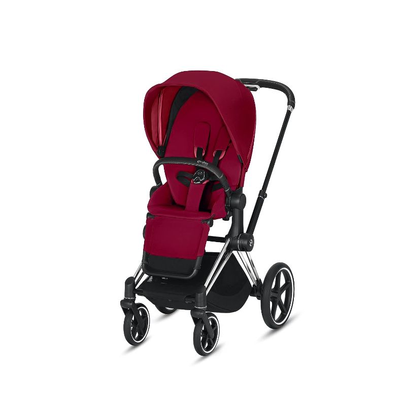 Photo 1 of Cybex e-Priam Complete Stroller, Smart Assist Technology, Rocking Mode, One-Hand Compact Fold, Reversible Seat, Smooth Ride All-Wheel Suspension, True Red Seat with Chrome/Black Frame
