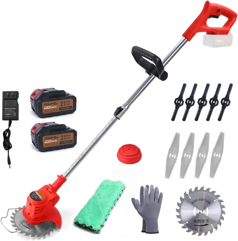 Photo 1 of 21V Battery String Trimmer, Cordless String Grass Trimmer 47 Inch Lightweight Electric Weed Wacker with 2 Li-Ion Battery Powered, 3 Types Cutting Blades for Lawn, Yard, Garden, Bush Trimming & Pruning
