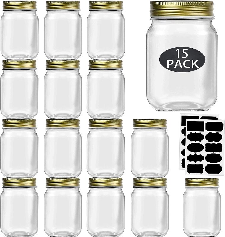 Photo 1 of 16 oz Mason Jars With Lids Regular Mouth 15 Pack-16 oz Glass Jars with Lids,Bulk Pint Clear Glass Jars For Meal Prep, Food Storage With 20 Labels (Gold Lids)
