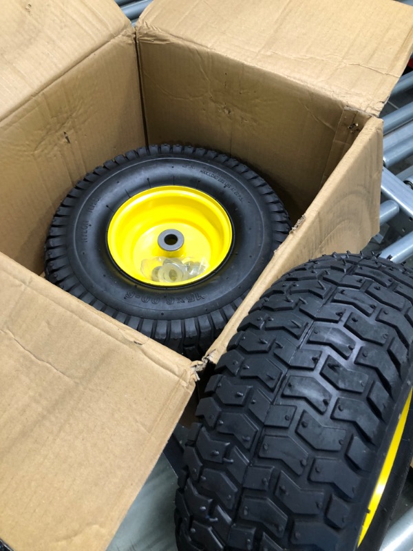 Photo 3 of (2 Pack) AR-PRO Exact Replacement 15" x 6.00 - 6" Front Tire and Wheel Assemblies for John Deere Riding Mowers - Compatible with John Deere 100 and D100 Series - 3” Hub Offset and 3/4” Bushings 15" x 6.00-6" Yellow