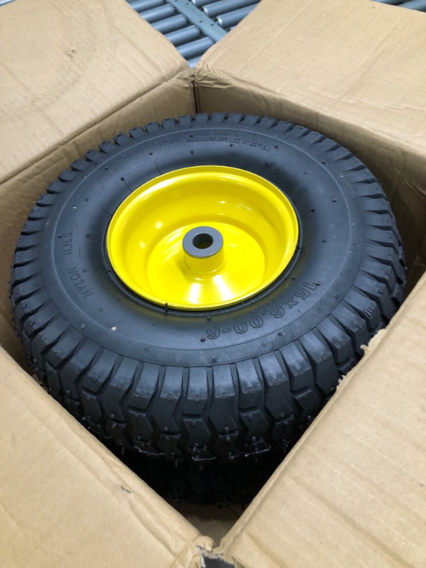 Photo 2 of (2 Pack) AR-PRO Exact Replacement 15" x 6.00 - 6" Front Tire and Wheel Assemblies for John Deere Riding Mowers - Compatible with John Deere 100 and D100 Series - 3” Hub Offset and 3/4” Bushings 15" x 6.00-6" Yellow