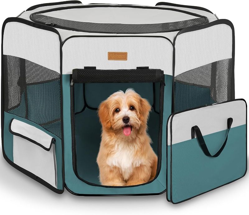 Photo 1 of Akinerri Dog Playpen, Foldable Puppy Pet Exercise Kennel with Removable Mesh Shade Cover, Portable Pet Playpen for Pet’s Indoor or Outdoor Training Large Grey&Black