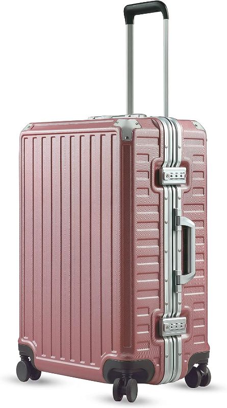 Photo 1 of LUGGEX Hard Shell Checked Luggage with Aluminum Frame - 100% PC Pink No Zipper Suitcase with Spinner Wheels - 4 Metal Corner Hassle-Free Travel (Rose Gold Suitcase)
