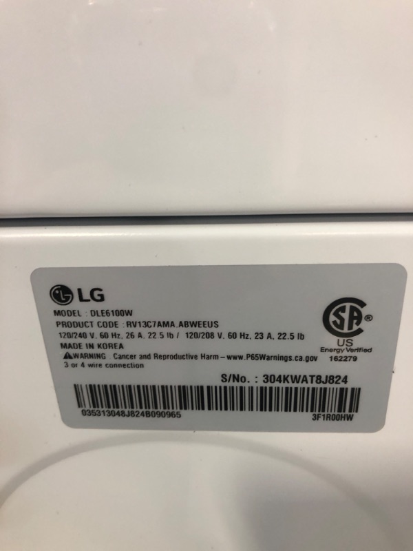 Photo 11 of LG 7.3-cu ft Electric Dryer (White) ENERGY STAR ( Model #DLE6100W )