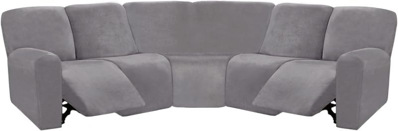 Photo 1 of 7-Piece L Shape Sectional Recliner Sofa Covers, Velvet Stretch Reclining Couch Covers for Reclining L Shape Sofa, Thick, Soft, Washable (Light Gray, L Shape 5 Seat Recliner Cover)