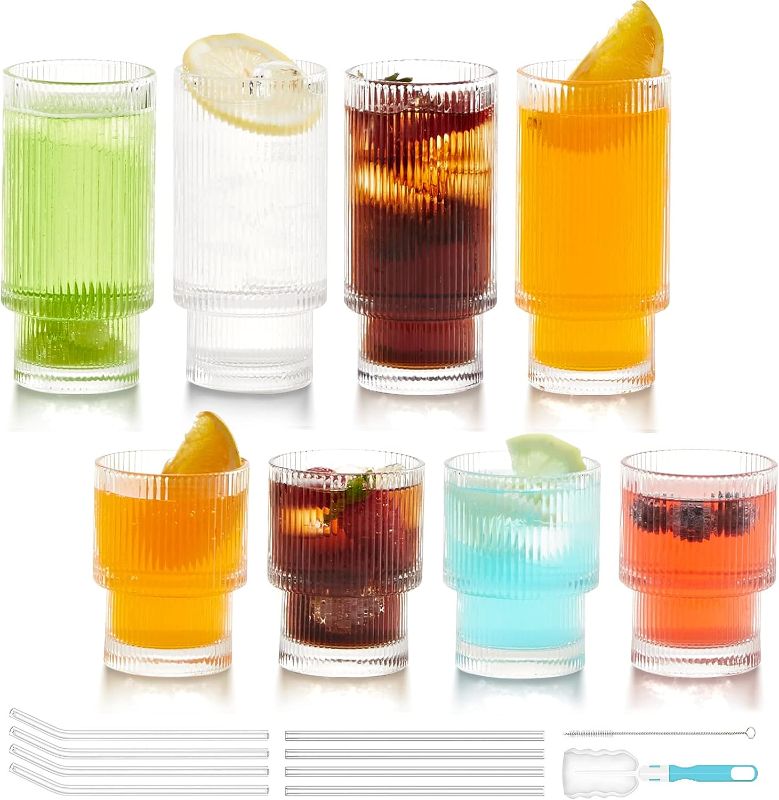 Photo 1 of *****Missing straws***** YL-ESH Drinking Glasses Origami Style Set of Glass Cups, 4 Highball Glasses & 4 Rocks Glasses, Elegant Ripple Vintage Glassware, Iced Coffee Glasses, Ideal for Wedding, Whiskey, Beer, Cocktail, Juice