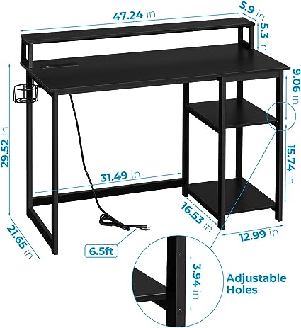 Photo 2 of GreenForest Computer Desk with USB Charging Port and Power Outlet, Reversible Home Office Desk with Monitor Stand and Storage Shelves for Small Space, 47 inch Work Desk with Cup Holder and Hook, Black
