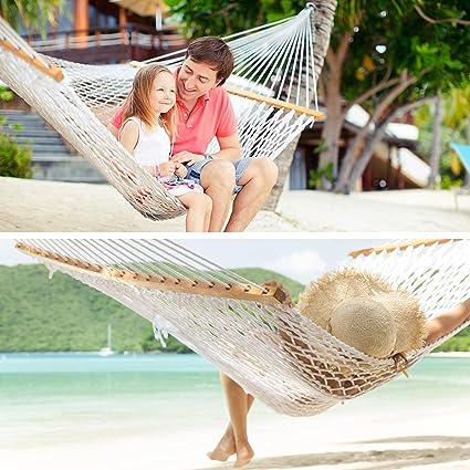 Photo 1 of Y- STOP 13 FT Double Hammock with Pillow, Traditional Rope Hammock with Free Chains and Hooks for Outdoor, Indoor, Patio Yard, Double Solid Wood for Two Person, Outdoor Hammocks, Max 440 Lbs
