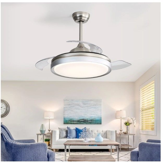 Photo 1 of 42" Fandelier Modern Retractable White Ceiling Fan with Lights and Remote Control,3 Blades, Reserve Airflow, Silence Fan