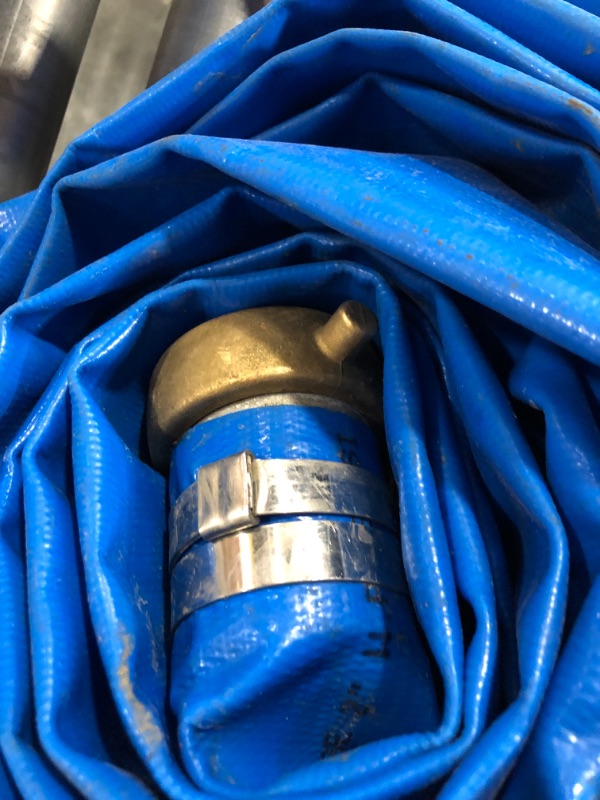 Photo 1 of 2" x 50' Blue PVC Backwash and Discharge Hose for Swimming Pools, Heavy Duty Reinforced Flat Pool Hose with Aluminum Pin Lug Fittings PVC-Aluminum-Brass 2 in x 50 ft