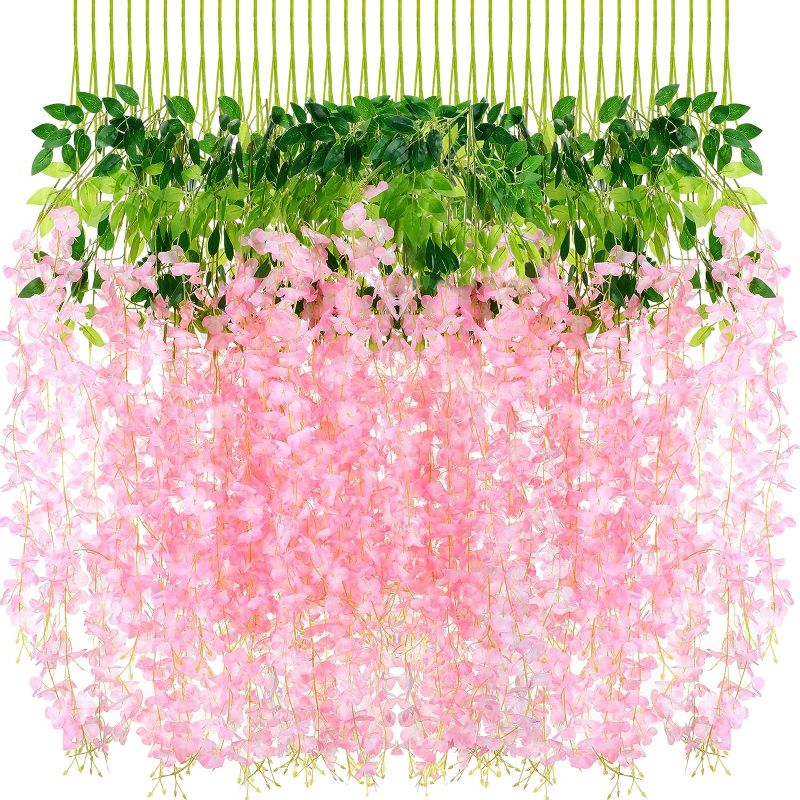Photo 1 of 108 Pack 43.2 in/ 3.6 ft Artificial Fake Wisteria Hanging Flowers Wisteria Faux Flowers Garland Silk Wisteria Vine Rattan Long Hanging Flowers String for Home Outdoor Wedding Party (Petal Pink)