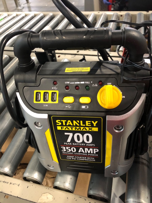 Photo 1 of STANLEY FATMAX J7CS Portable Power Station Jump Starter: 700 Peak/350 Instant Amps, 120 PSI Air Compressor, 3.1A USB Ports, Battery Clamps