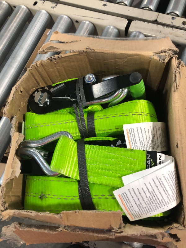 Photo 1 of VULCAN Ratchet Strap with Wire Hooks - 2 Inch x 15 Foot - 4 Pack - High-Viz - 3,300 Pound Safe Working Load