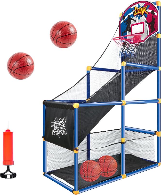 Photo 1 of JOYIN Kids Arcade Basketball Game Set with 4 Balls and Hoop for Kids Indoor Outdoor Sport Play - Easy Set Up - Air Pump Included - Ideal for Games and Competition
