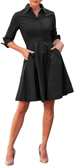 Photo 1 of Womens Lapel V Neck Shirt Dresses Long Sleeve Tie Waist Elegant Casual Button Midi Dress with Pocket large
