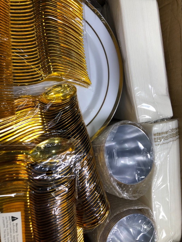 Photo 5 of 700 Piece Gold Dinnerware Set for 100 Guests, Plastic Plates Disposable for Party, Include: 100 Gold Rim Dinner Plates, 100 Dessert Plates, 100 Paper Napkins, 100 Cups, 100 Gold Plastic Silverware Set