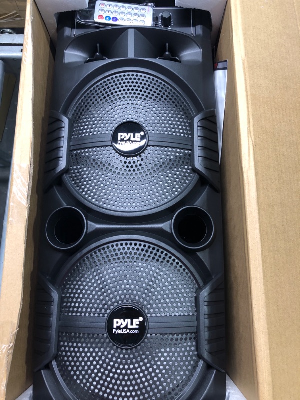 Photo 3 of Pyle Portable Bluetooth PA Speaker System - 600W Rechargeable Outdoor Bluetooth Speaker Portable PA System w/ Dual 8” Subwoofer 1” Tweeter, Microphone In, Party Lights, USB, Radio, Remote - PPHP2835B