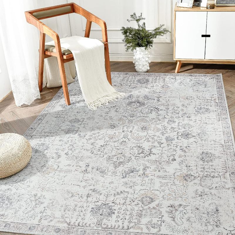 Photo 1 of BRICHOEE Vintage Machine Washable Area Rug 5x7 Silver Gray Low-Pile Indoor Floral Print Carpet Non Slip Printed Persian Boho Rug for Living Room