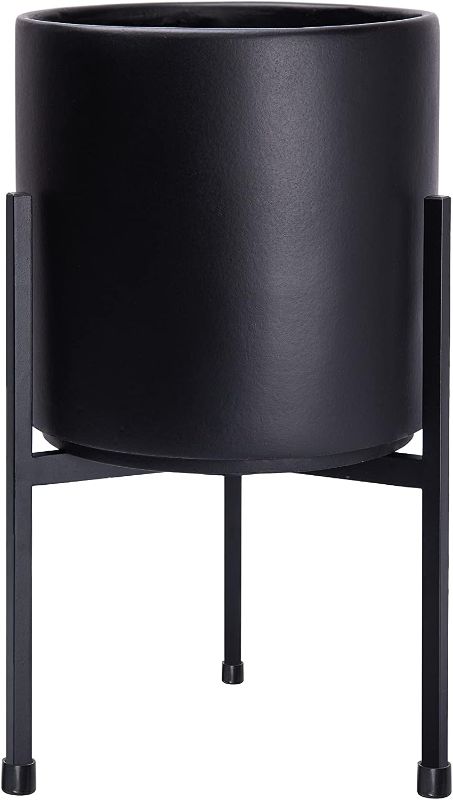 Photo 1 of D'vine Dev Modern Black Plants Pot Cylinder Planter with Heavy Duty Stand, Small 8 Inch Pot, 12.6 Inch with Stand Height, 96-T-2-S
