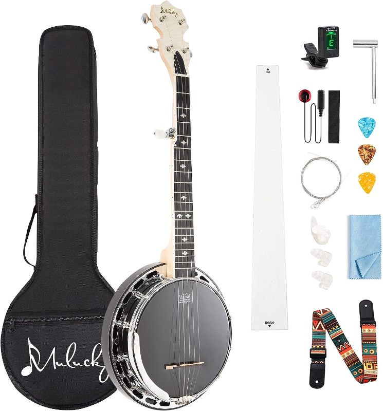 Photo 1 of Mulucky 5 String Banjo MINI, 28 Inch Travel Banjo with Remo Head, Resonator and Geared 5th Tuner, Beginning Kit with Tuner Strap Wrench Picks Ruler - B803
