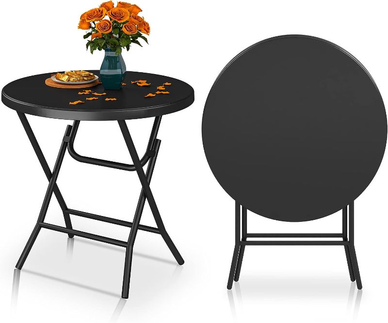 Photo 1 of 3Inch Round Folding Table for Outdoor/Indoor, Lightweight Foldable Table w/Thick Table Top and Sturdy Metal Frame, Ideal for Patio Backyard Dining Room Events, Black
