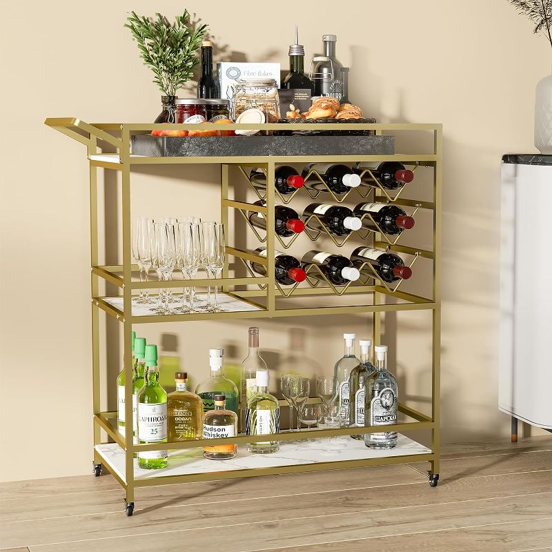 Photo 1 of BENOSS 3-Tier Gold Bar Cart with Wine Rack and Glass Storage, Home Serving Wine Cart on Wheels, Modern Rolling Drink Trolley for Coffee Tea Wine, Beverage...
