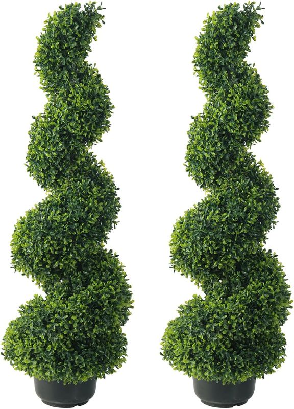 Photo 1 of 35 Inch Artificial Boxwood Topiary Tree Spiral Plants Fake Faux Artificial Topiary Trees Plant Decor in Plastic Pot Green Indoor or Outdoor for Garden Gate Office Home Decoration Gifts, Set of 2
