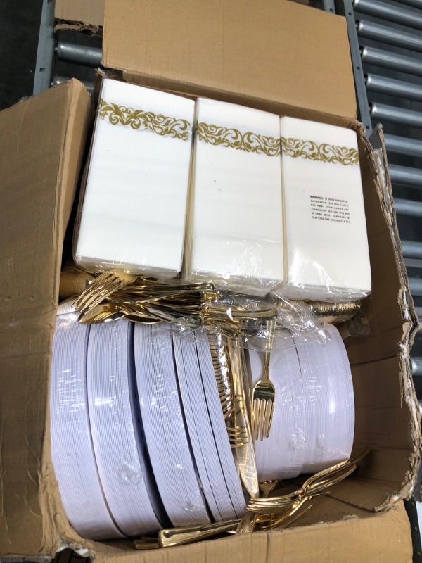 Photo 3 of I00000 700 Piece Gold Dinnerware Set-200 Gold Plastic Plates-300 Gold Disposable Silverware Set-100 Cups-100 Linen Like Napkins-100 Paper Straws