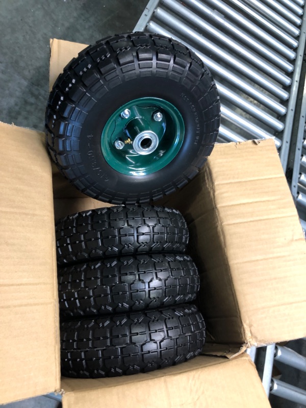 Photo 3 of 4 Pcs 10" Flat Free Tires Solid Pneumatic Tires Wheels, 4.10/3.50-4 Air Less Tires with 5/8" Center Bearings, for Wheelbarrow/Dolly/Garden Wagon Carts/Hand Truck/Wheel Barrel/Lawn Mower, 4 Pack 4 pcs 10'' 4.1/3.50-4