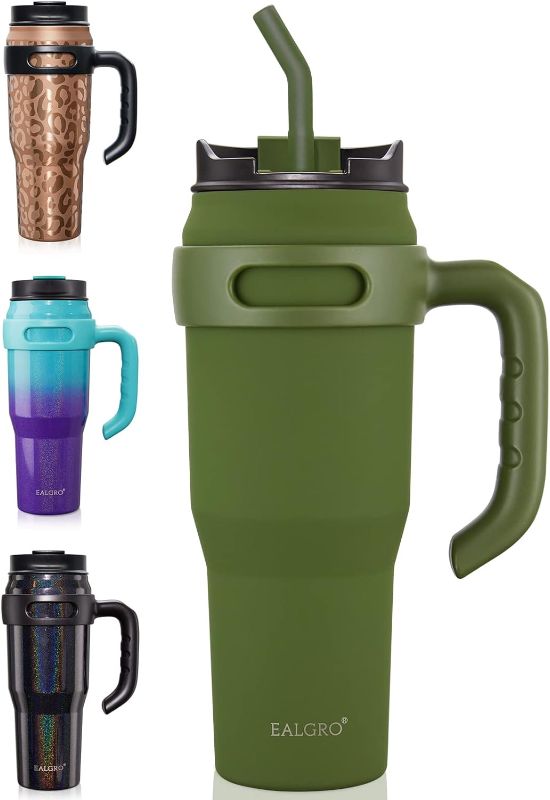 Photo 1 of *NO STRSW* EALGRO 40 oz Tumbler with Handle, Large Insulated Tumblers and Lid, Stainless Steel Vacuum Travel Coffee Mug Cup, Army Green
