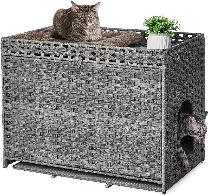 Photo 1 of Cat Litter Box Enclosure with Soft Litter Mat; Hidden Cat Washroom Furniture with Door; Handwoven Rattan Cat House with Large Space; Pet Crate for Living Room, Bedroom, Balcony (Grey)
