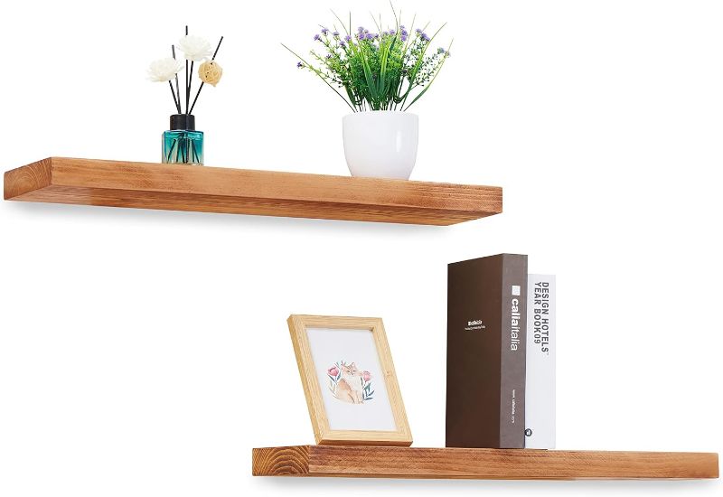 Photo 1 of 2 Pack 24" Solid Cedar Wood Floating Shelves, Brushed Finish, Wall Mounted for Home Living Room Bathroom
