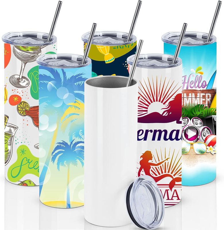 Photo 1 of 6 Pack Sublimation Tumblers Bulk 20 oz Skinny Straight, Sublimation Blanks Double Wall Stainless Steel Skinny Tumbler with Lid and Straw, Shrink Wrap Film, Individually Boxed, for Heat Press Machine
