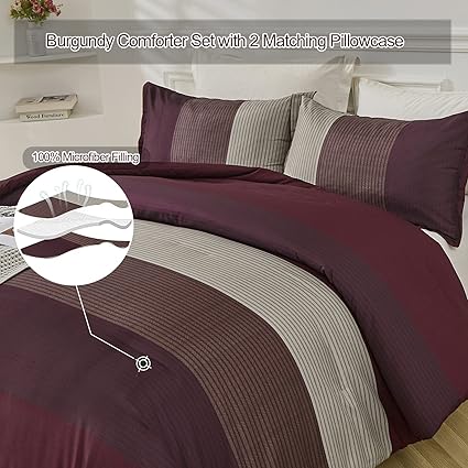 Photo 1 of 
Burgundy Comforter Set King, Reversible Burgundy Brown Stripe Down Alternative Comforter for All Season,3 Pieces(1 Patchwork Comforter+2 Pillowcases), Soft...