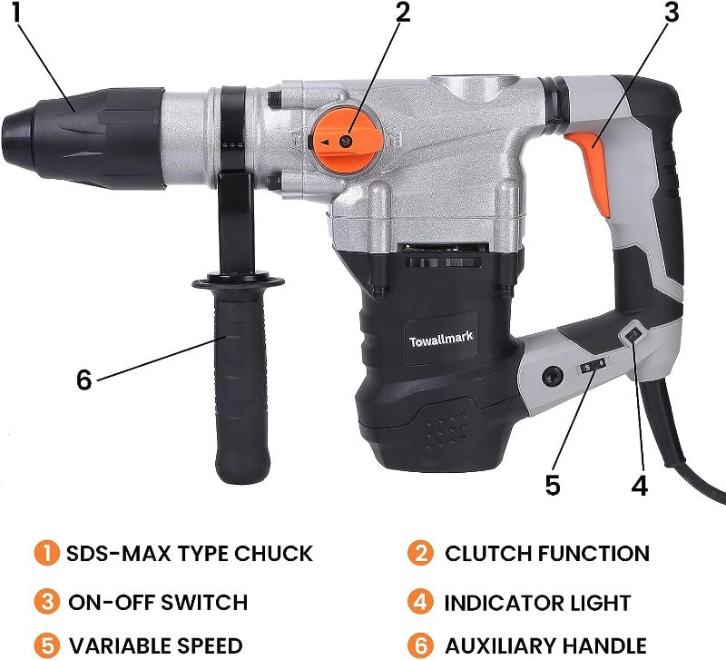 Photo 1 of -9/16" SDS-Max Heavy Duty Rotary Hammer Drill with Vibration Control, Safety Clutch,13 Amp 3 Functions Demolition Rotomartillo for Concrete
Color:Grey