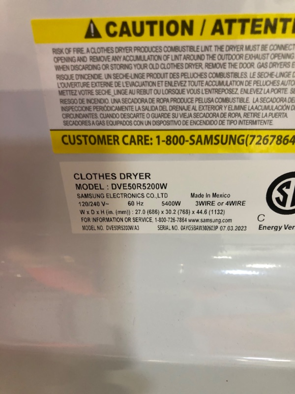 Photo 7 of Samsung 7.4-cu ft Electric Dryer (White) Model #DVE50R5200W