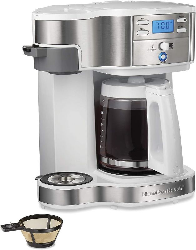 Photo 1 of Hamilton Beach 49933 2-Way 12 Cup Programmable Drip Coffee Maker & Single Serve Machine, Glass Carafe, Auto Pause and Pour, White