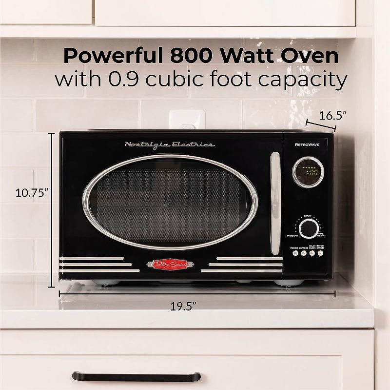 Photo 1 of Nostalgia Retro Countertop Microwave Oven - Large 800-Watt - 0.9 cu ft - 12 Pre-Programmed Cooking Settings - Digital Clock - Kitchen Appliances - Black
