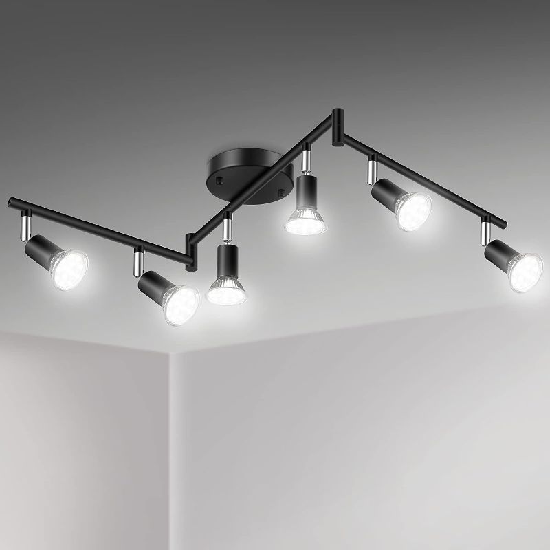 Photo 1 of Unicozin LED 6 Light Track Lighting Kit, Black 6 Way Ceiling Spot Lighting, Flexibly Rotatable Light Head, Track Light Included 6 x LED GU10 Bulb (4W, Daylight White 5000K, 400LM)
