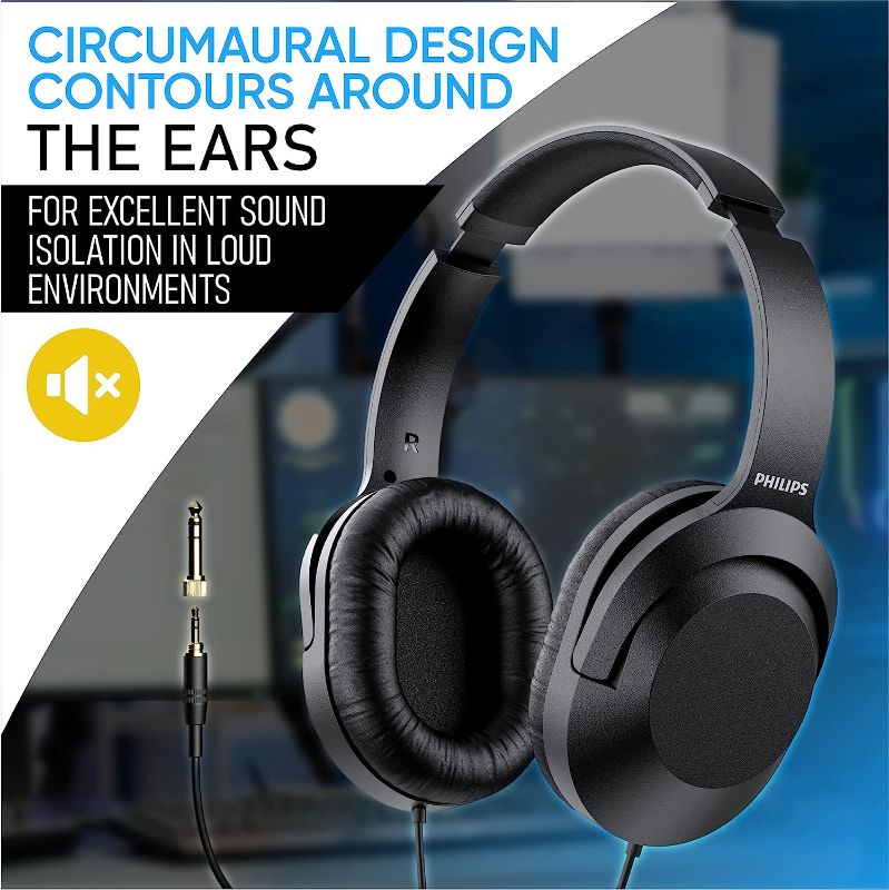 Photo 1 of PHILIPS Over Ear Wired Stereo Headphones for Podcasts, Studio Monitoring and Recording Headset for Computer, Keyboard and Guitar with 6.3 mm (1/4") Add On Adapter
