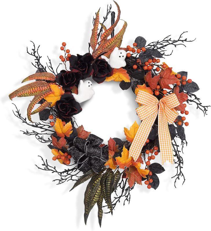 Photo 1 of Adeeing 26 Inch Halloween Wreaths for Front Door, Halloween Decorations Halloween Ghost Wreath with Feathers Artificial Black Rose and Ribbon for Indoor Outdoor Home Party Decor