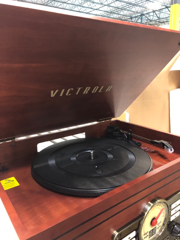 Photo 3 of Victrola Nostalgic 6-in-1 Bluetooth Record Player & Multimedia Center with Built-in Speakers - 3-Speed Turntable, CD & Cassette Player, FM Radio | Wireless Music Streaming | Mahogany Mahogany Entertainment Center