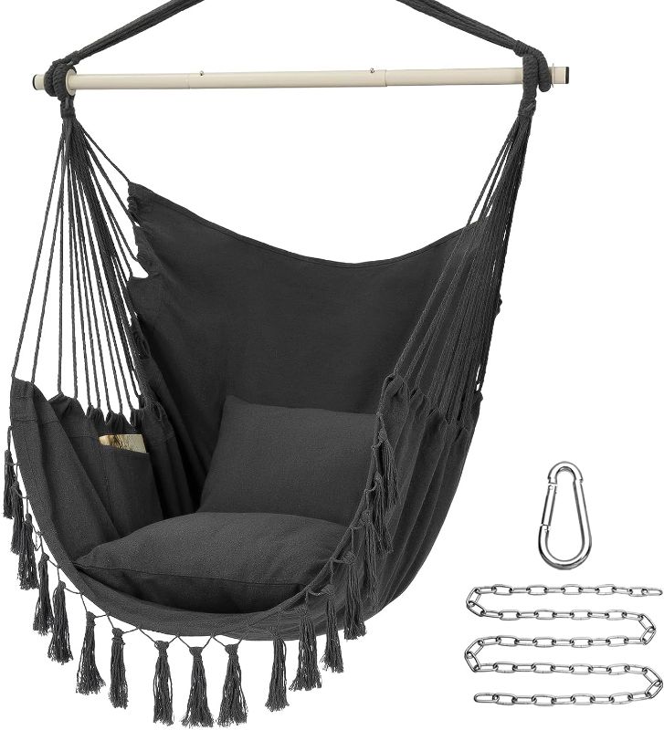 Photo 1 of Y- STOP Hammock Chair Hanging Rope Swing, Max 500 Lbs, 2 Cushions Included, Large Macrame Hanging Chair with Pocket, Cotton Weave for Superior Comfort, Durability (Dark Grey)