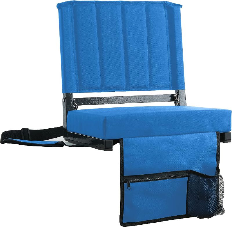 Photo 1 of Besunbar 1pcs Stadium Seat for Bleachers with Back Support and Wide Padded Cushion Stadium Chair - Includes Shoulder Strap and Cup Holder, Blue