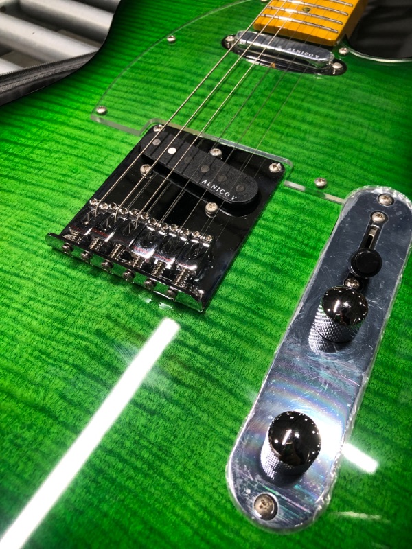 Photo 7 of Leo Jaymz ResonanceX Pro Electric Guitar with Flame Maple Top - High Gloss Mahogany Body and Hard Maple Neck - High Transparent Acrylic Pickguard - Highly Output Alnico V Pickups Elite Green Sunburst