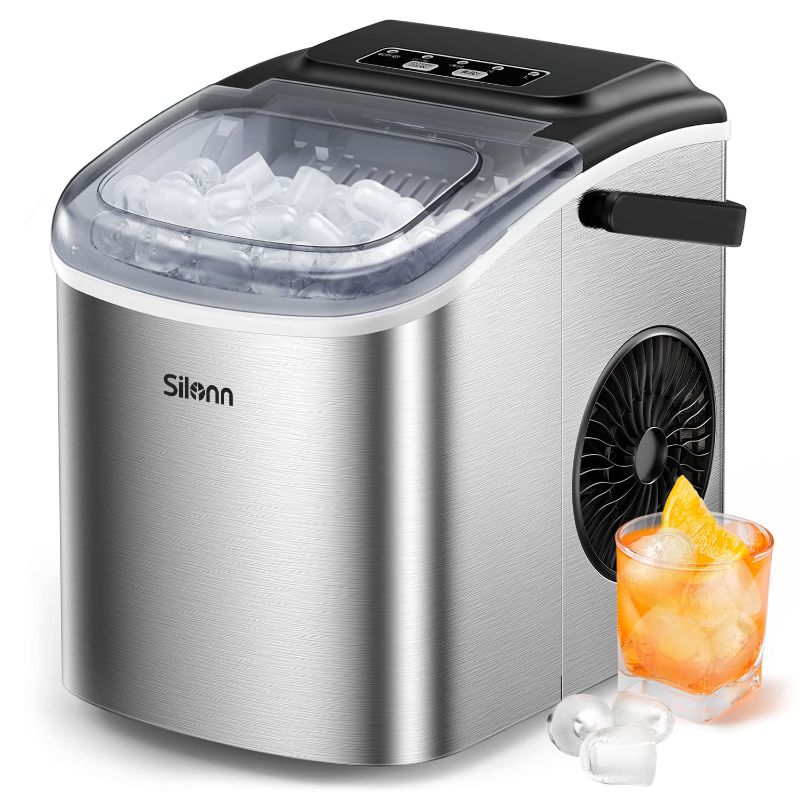 Photo 1 of Silonn Countertop Ice Maker, 9 Cubes Ready in 6 Mins, 26lbs in 24Hrs, Self-Cleaning Ice Machine with Ice Scoop and Basket, 2 Sizes of Bullet Ice, Stainless Steel
