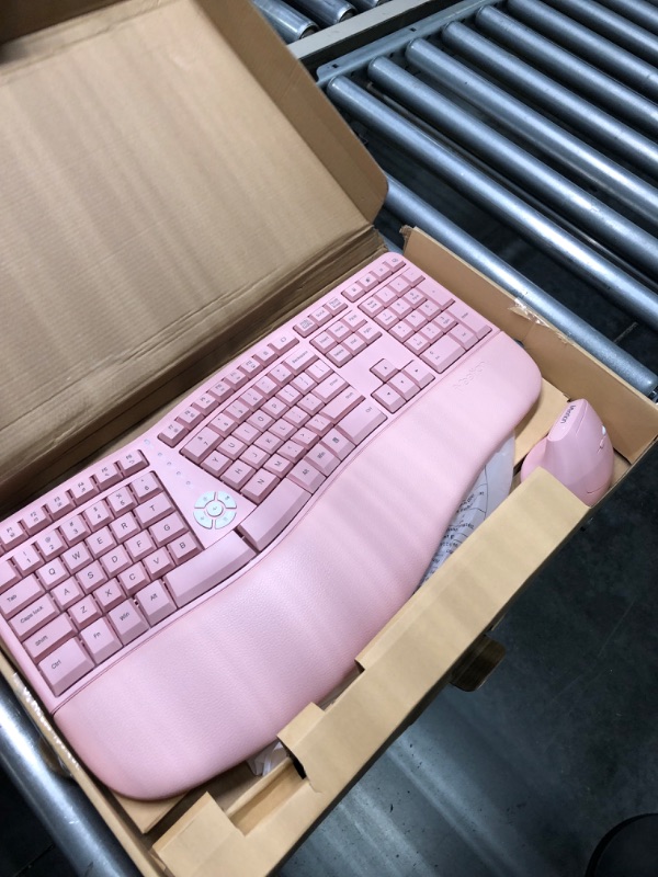 Photo 3 of MEETION Ergonomic Keyboard, Split Wireless Keyboard with Cushioned Wrist, Palm Rest, Curved, Natural Typing Full Size Rechargeable Keyboard with USB-C Adapter for PC/Computer/Laptop/Windows/Mac, Pink
