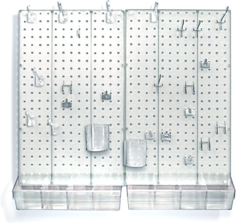 Photo 1 of Azar Displays 900945-CLR The DIY Multi-purpose 70-piece Pegboard Wall Organizer Kit with Two Panels and Accessory Assortment, Panel Sizes: 13.5” W x 22” H each, Clear Frosted
