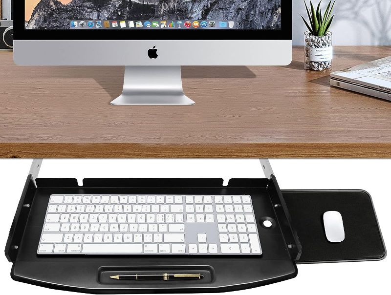 Photo 1 of Ywbtflul Under Desk Keyboard Tray with 360 Rotating Mouse Platform,Sturdy& Easy Gliding,20in Pull Out Keyboard Platform, Ergonomic Computer Silding Keyboard Drawer, Black 20'' x 8'' Black