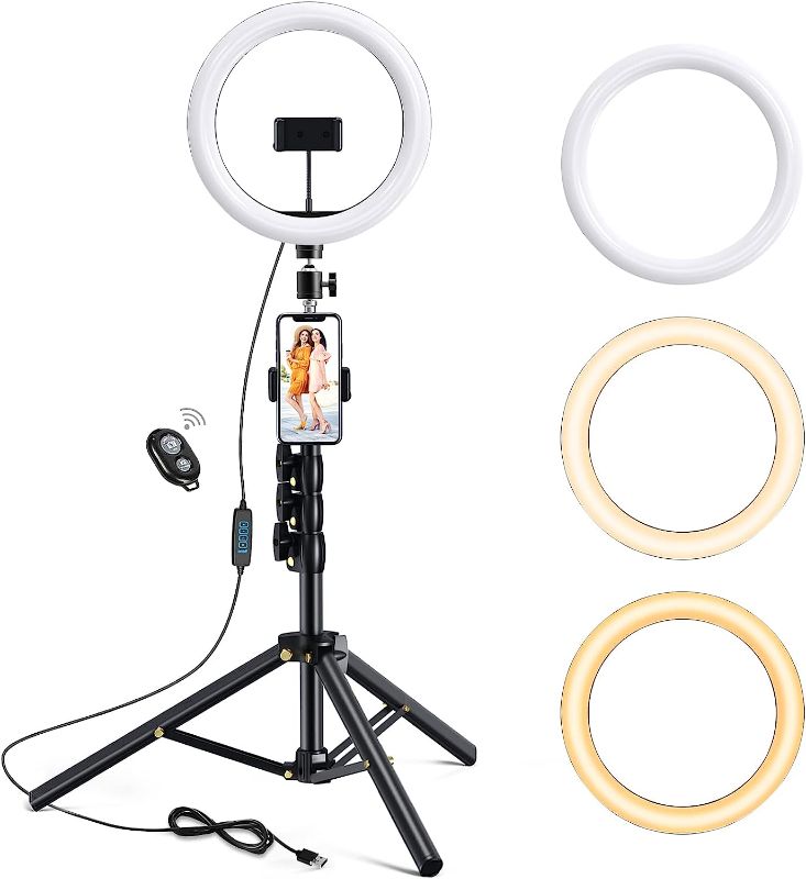 Photo 1 of ANBES 10.2 inch Selfie Ring Light with Tripod Stand & 2 Phone Holders, Dimmable Led Camera Ringlight for Photography/Makeup/Live Stream Video/YouTube,Compatible with iPhone/Android